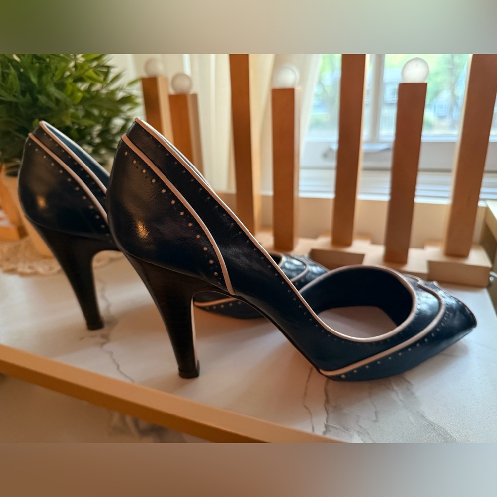 Head Over Heels London - Deep Blue Leather Wing-Tip, Squared Open Toe, D’Orsay - Picture 4 of 15